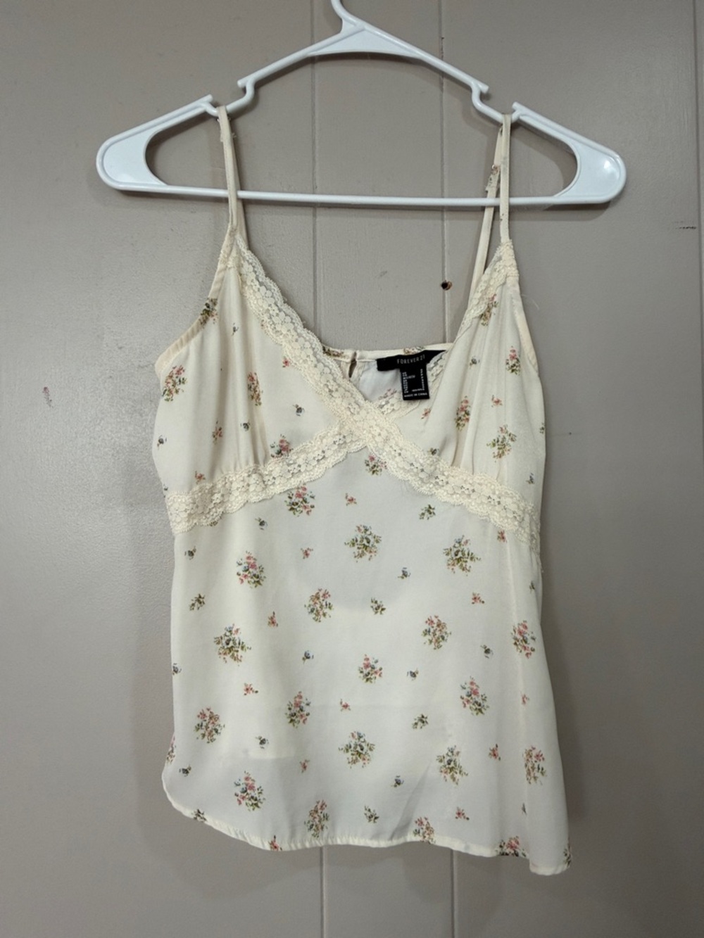 Forever 21 Cream Floral Lace-Trim Cami Top